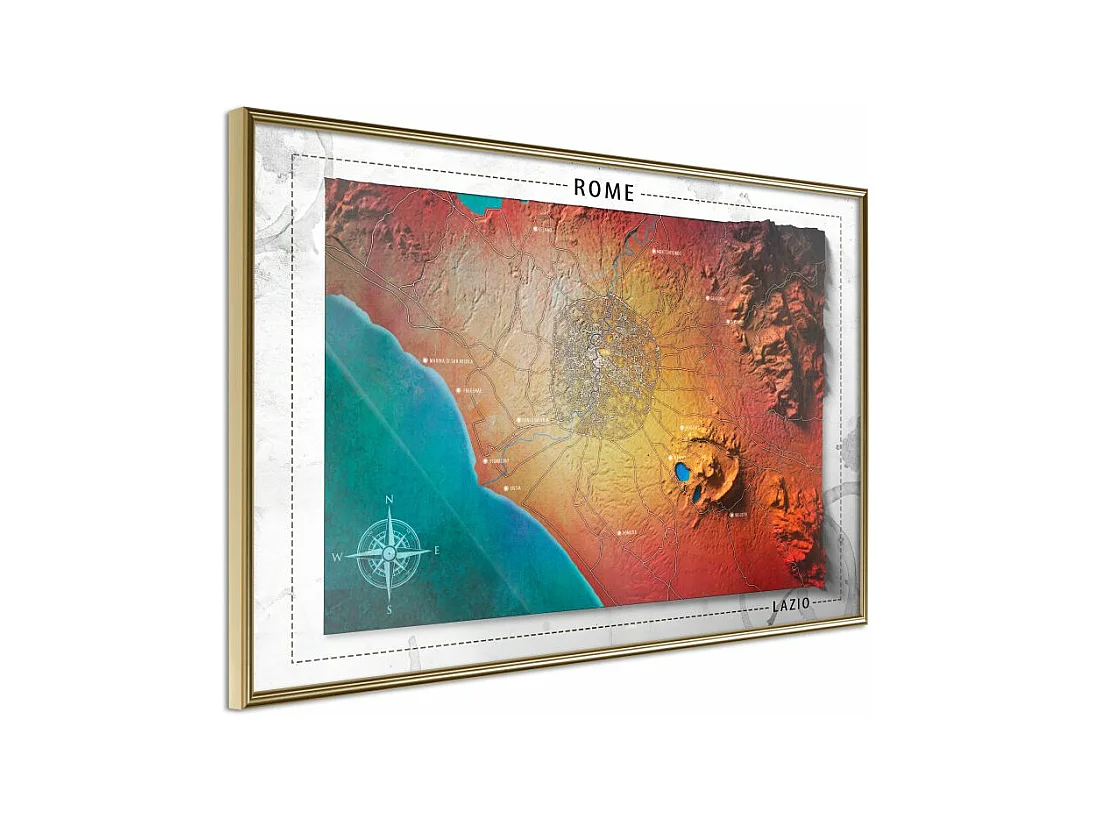 Affiche Murale Encadrée "Raised Relief Map Rome" 90 x 60 cm Or