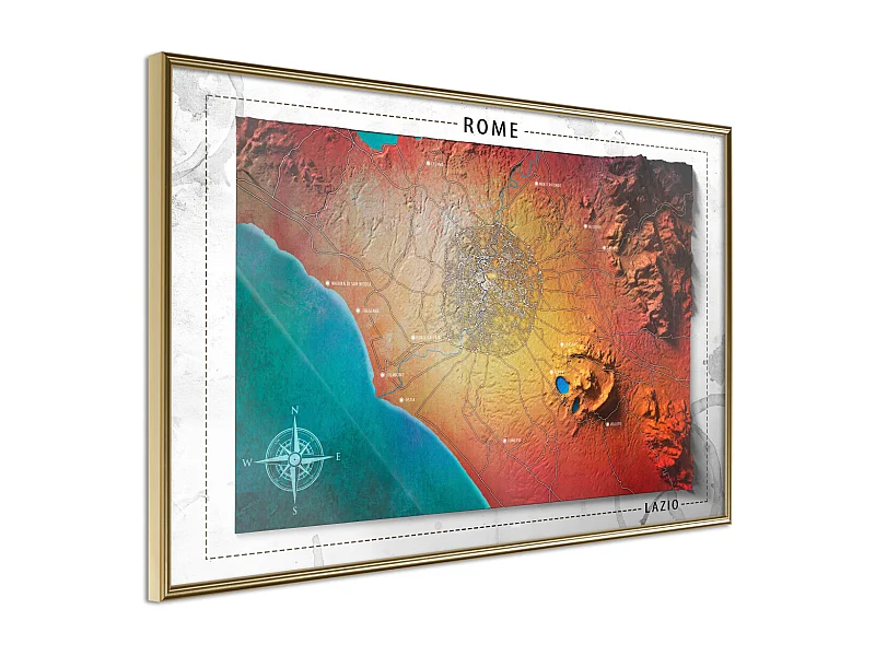 Affiche Murale Encadrée "Raised Relief Map Rome" 30 x 20 cm Or