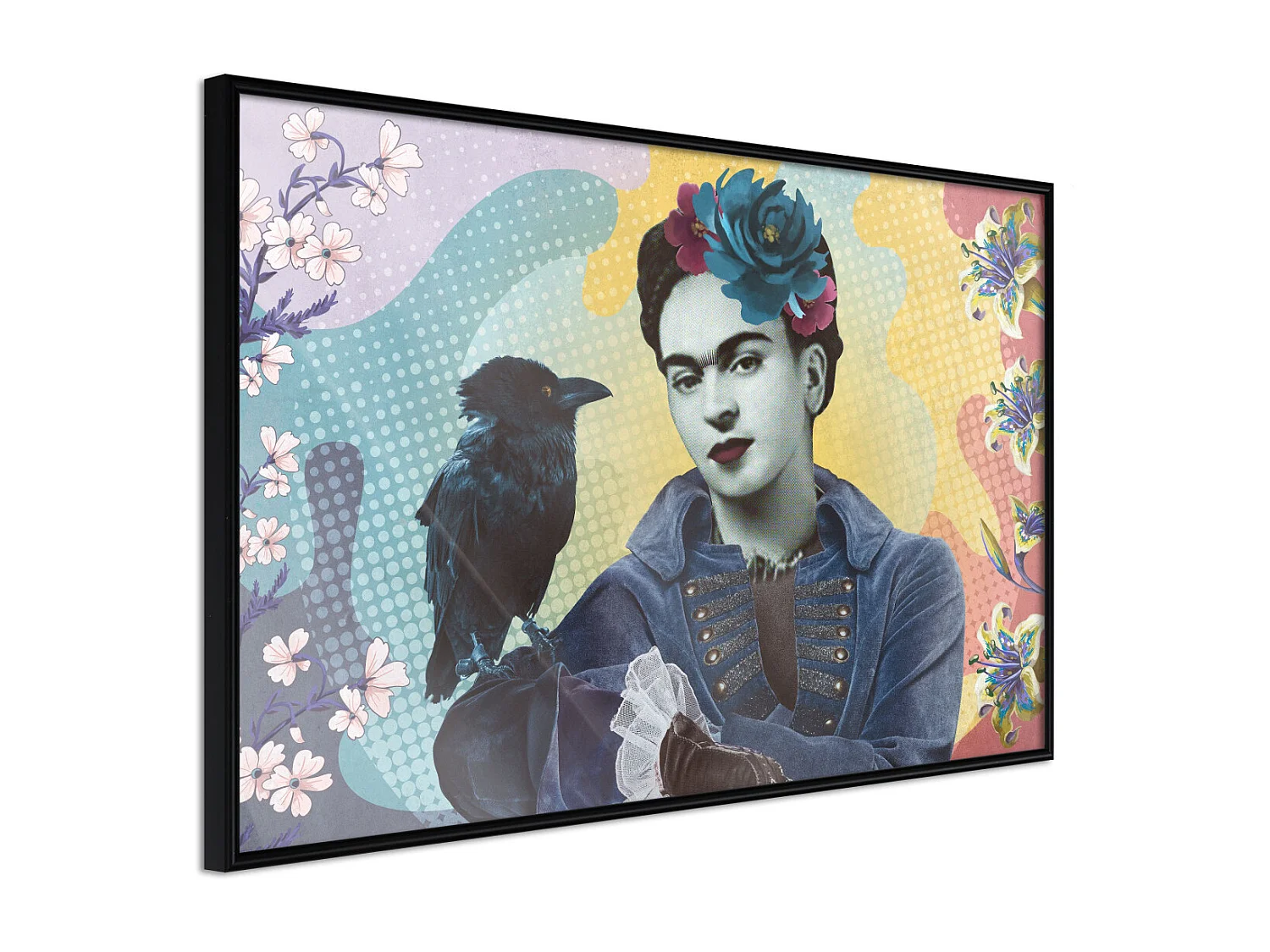 Affiche Murale Encadrée "Frida with a Raven" 90 x 60 cm Noir
