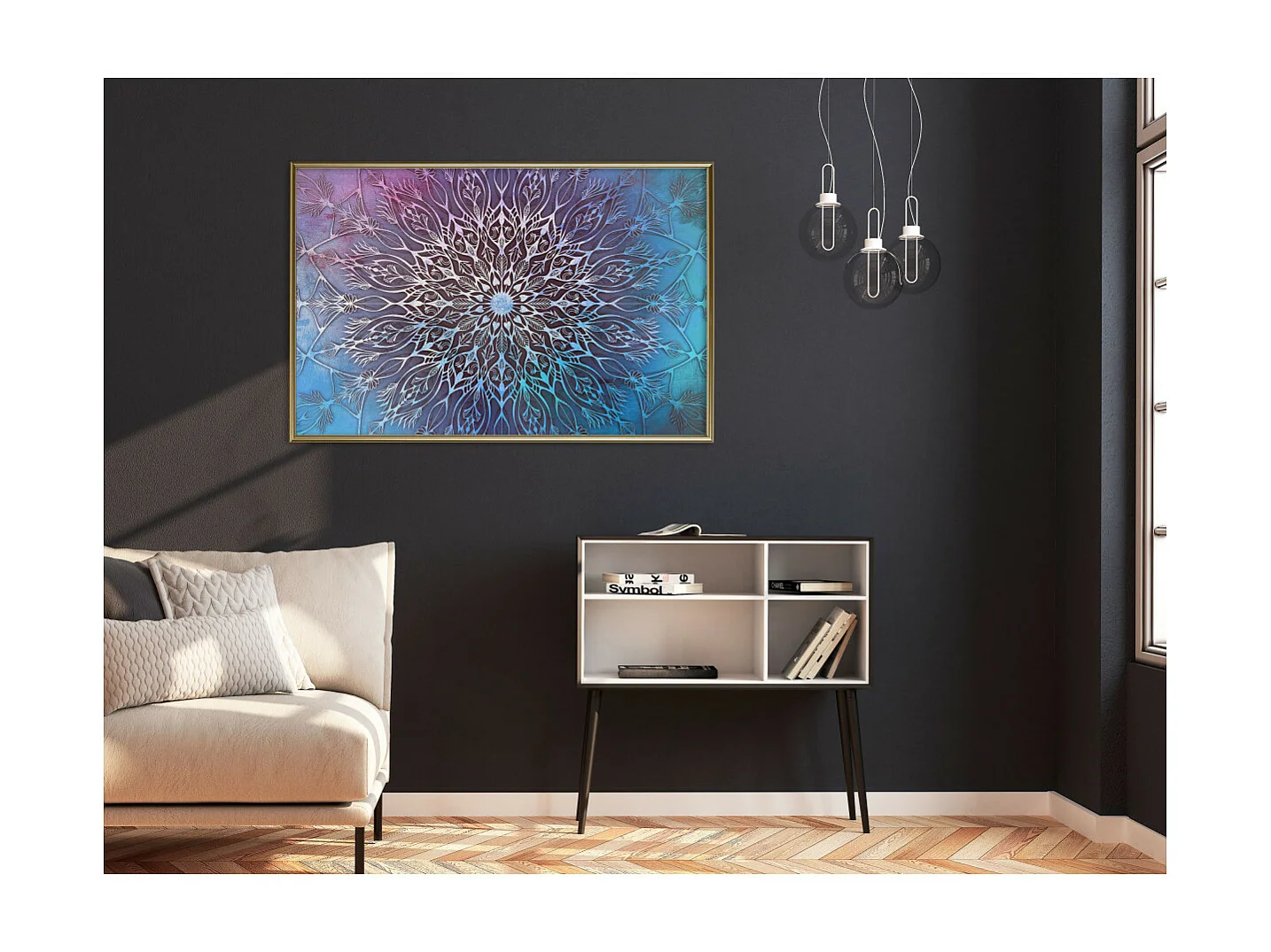 Affiche Murale Encadrée "Blue and Pink Mandala" 90 x 60 cm Or