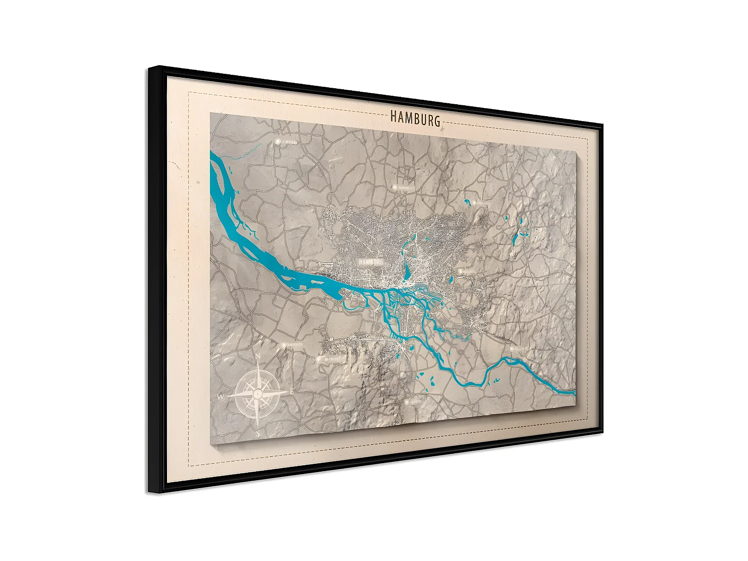 Affiche Murale Encadrée "Raised Relief Map Hamburg" 30 x 20 cm Noir