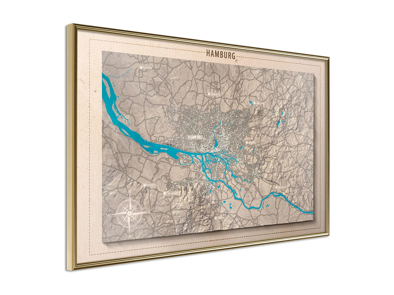 Affiche Murale Encadrée "Raised Relief Map Hamburg" 45 x 30 cm Or