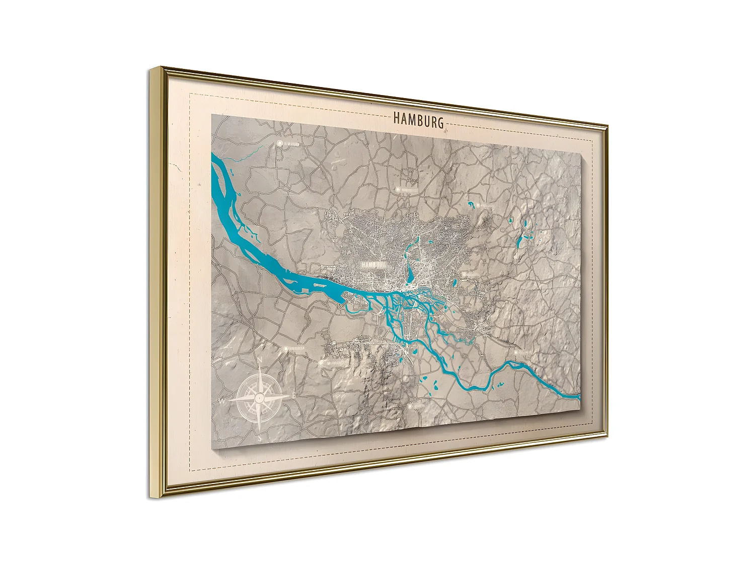 Affiche Murale Encadrée "Raised Relief Map Hamburg" 30 x 20 cm Or