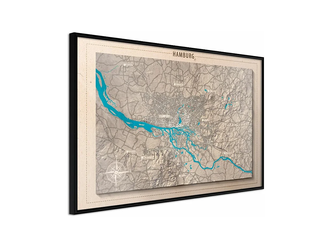 Affiche Murale Encadrée "Raised Relief Map Hamburg" 90 x 60 cm Noir