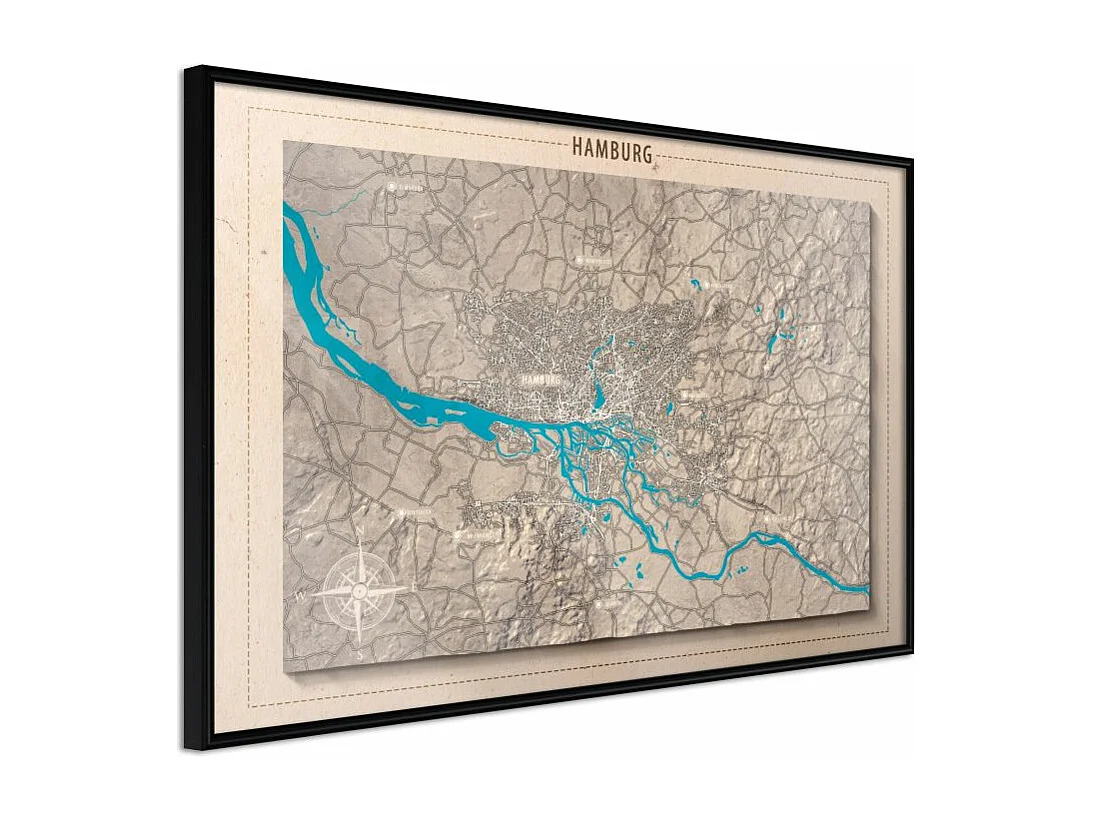 Affiche Murale Encadrée "Raised Relief Map Hamburg" 60 x 40 cm Noir