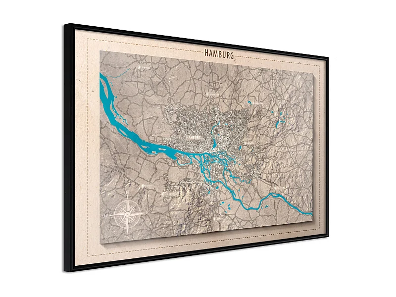 Affiche Murale Encadrée "Raised Relief Map Hamburg" 45 x 30 cm Noir
