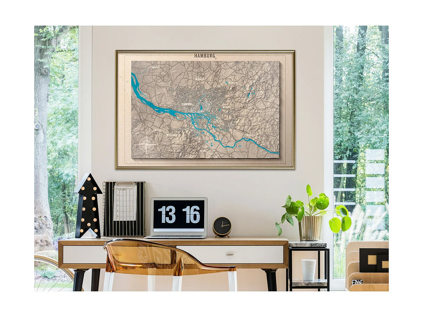 Affiche Murale Encadrée "Raised Relief Map Hamburg" 90 x 60 cm Or