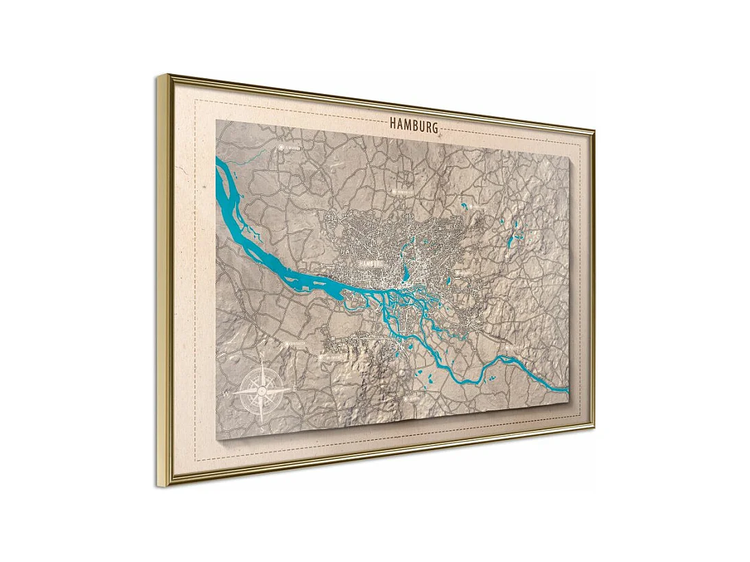 Affiche Murale Encadrée "Raised Relief Map Hamburg" 90 x 60 cm Or