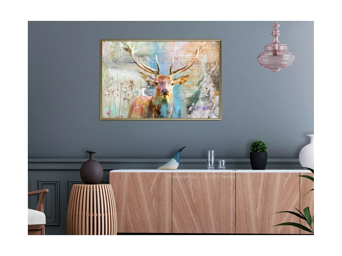 Affiche Murale Encadrée "Pastel Deer" 90 x 60 cm Or