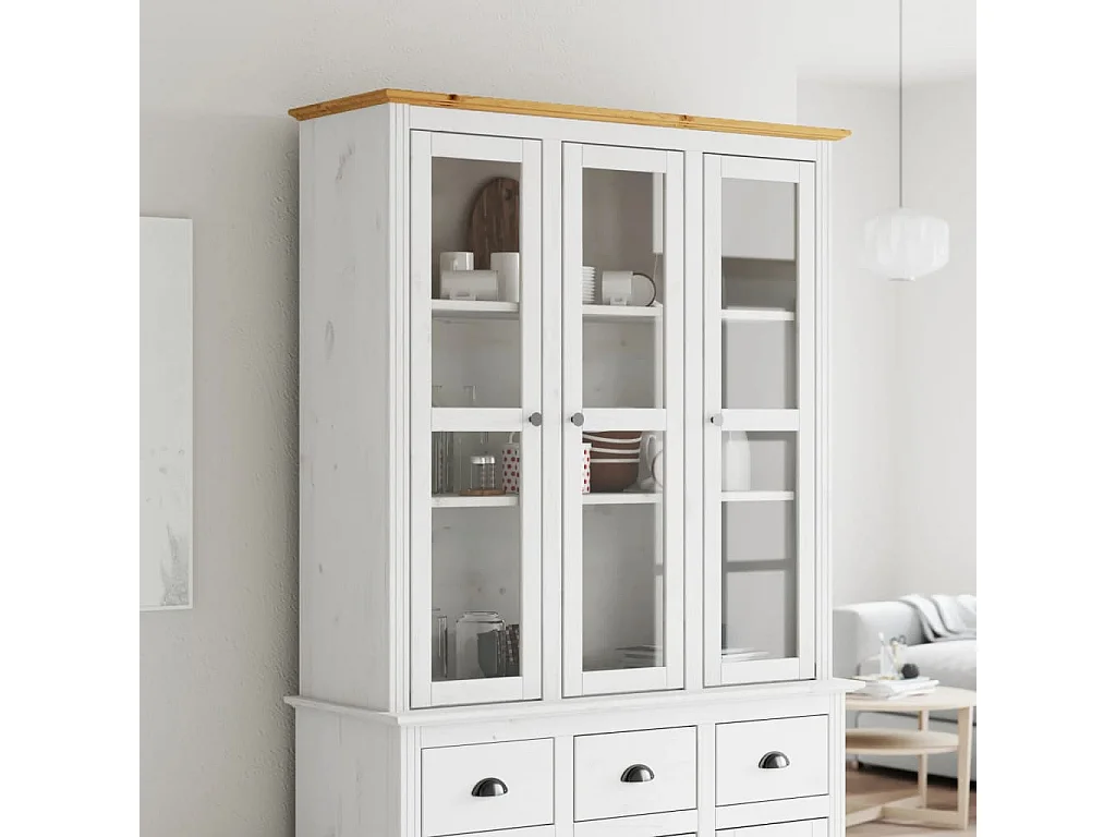 Armoire avec portes vitrées BODO blanc marron bois pin massif QWE90775