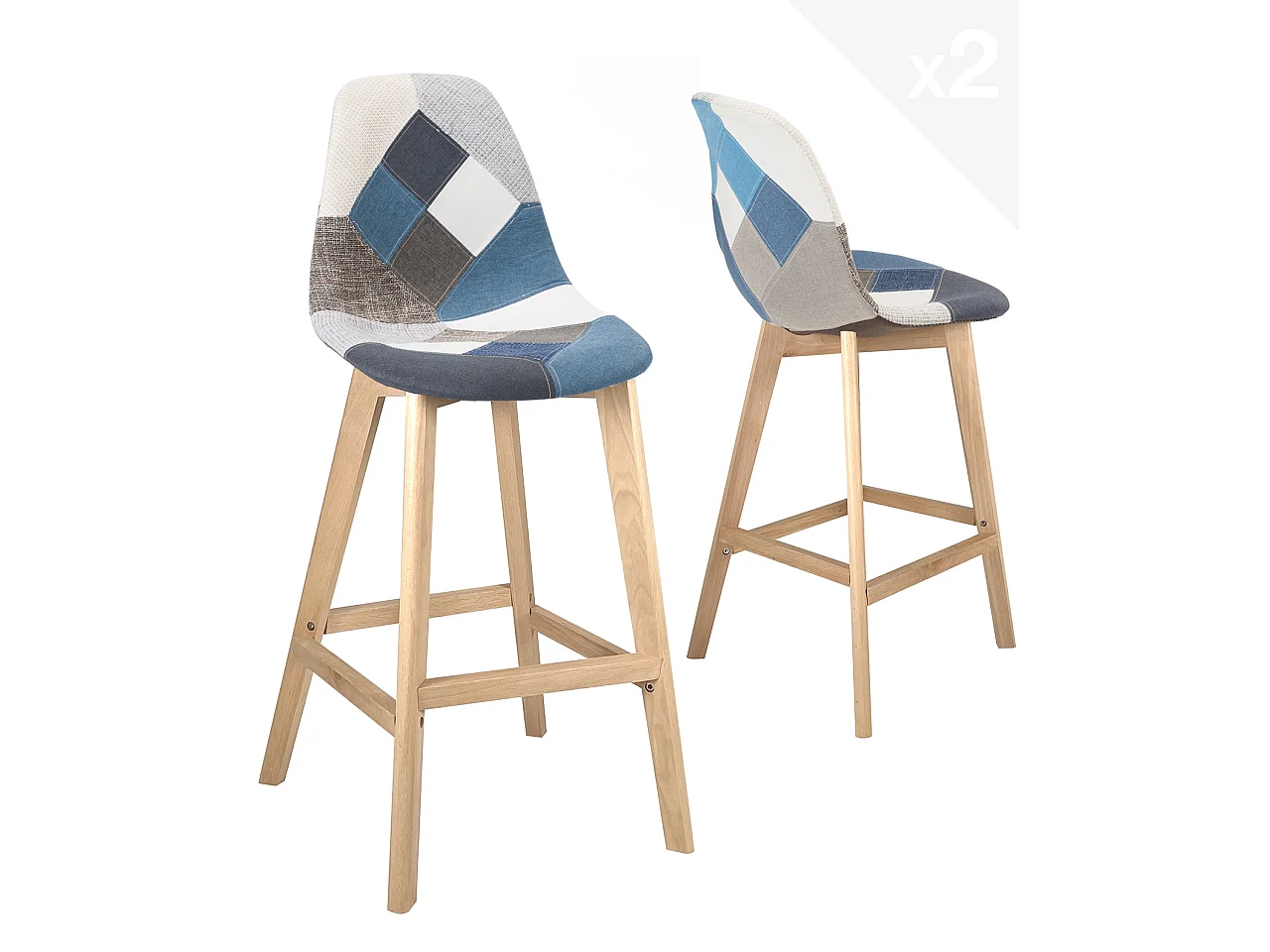 Lote de 2 sillas de bar de 67 cm de patchwork de tela, asiento amplio con respaldo alto acolchado, patas de madera de haya SLICK (azul)