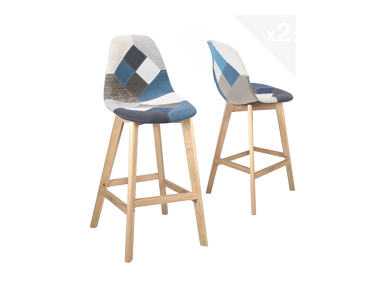 Lot 2 chaise de bar 67cm patchwork tissu large siège rembourré pieds bois SLICK (bleu)