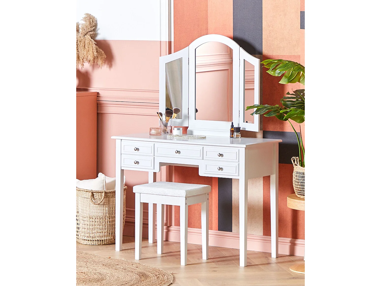 Weißer Schminktisch mit praktischem Hocker, drei Spiegel und 5 Schubladen Lumiere
