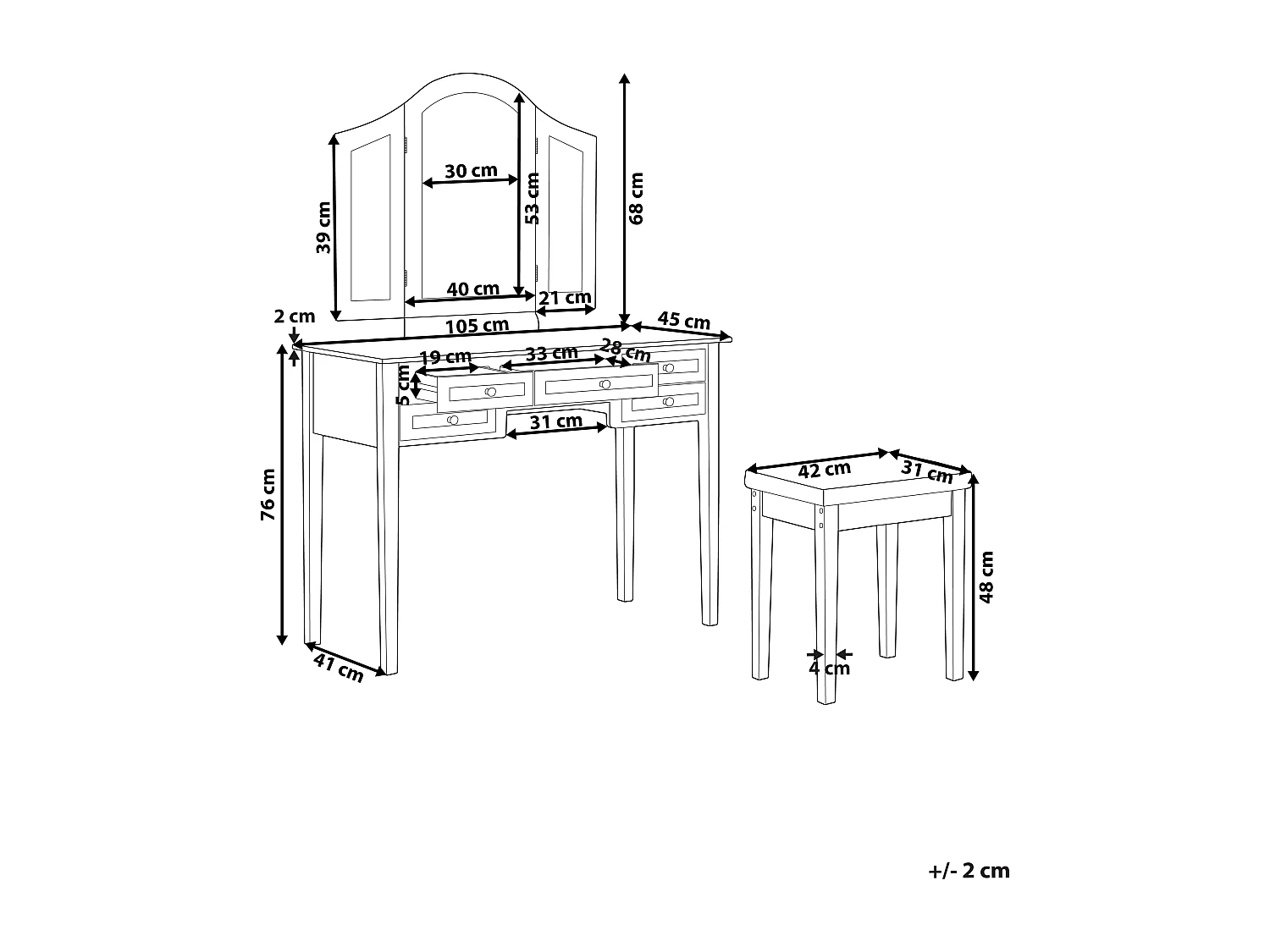 Weißer Schminktisch mit praktischem Hocker, drei Spiegel und 5 Schubladen Lumiere
