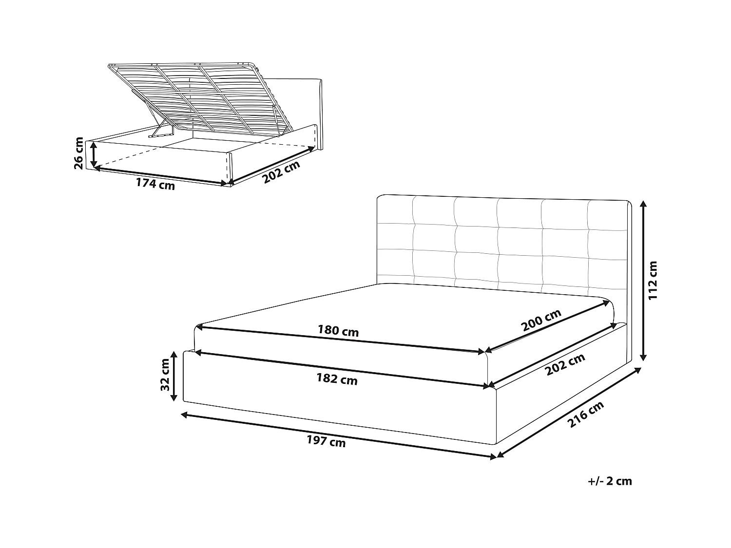 Lit ottoman Tissu LORIENT 180 x 200 cm Gris