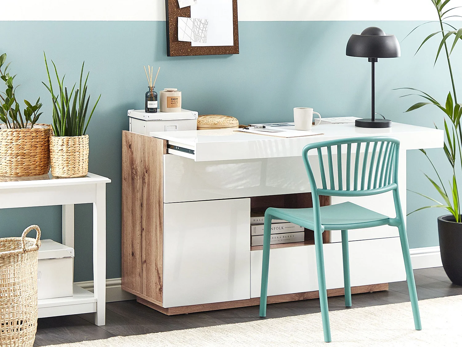 Sideboard / Schreibtisch 2 in 1 MDF viel Stauraum weiß/heller Holzfarbton Goran