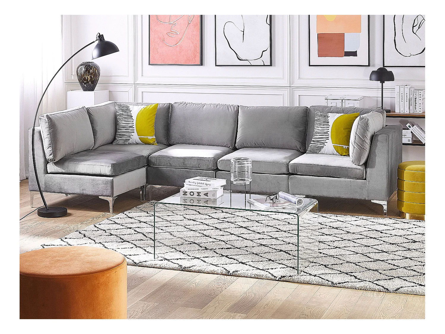 Canapé d'Angle Modulable - Evja - Côté Droit, 5 Modules, en Velours, Gris