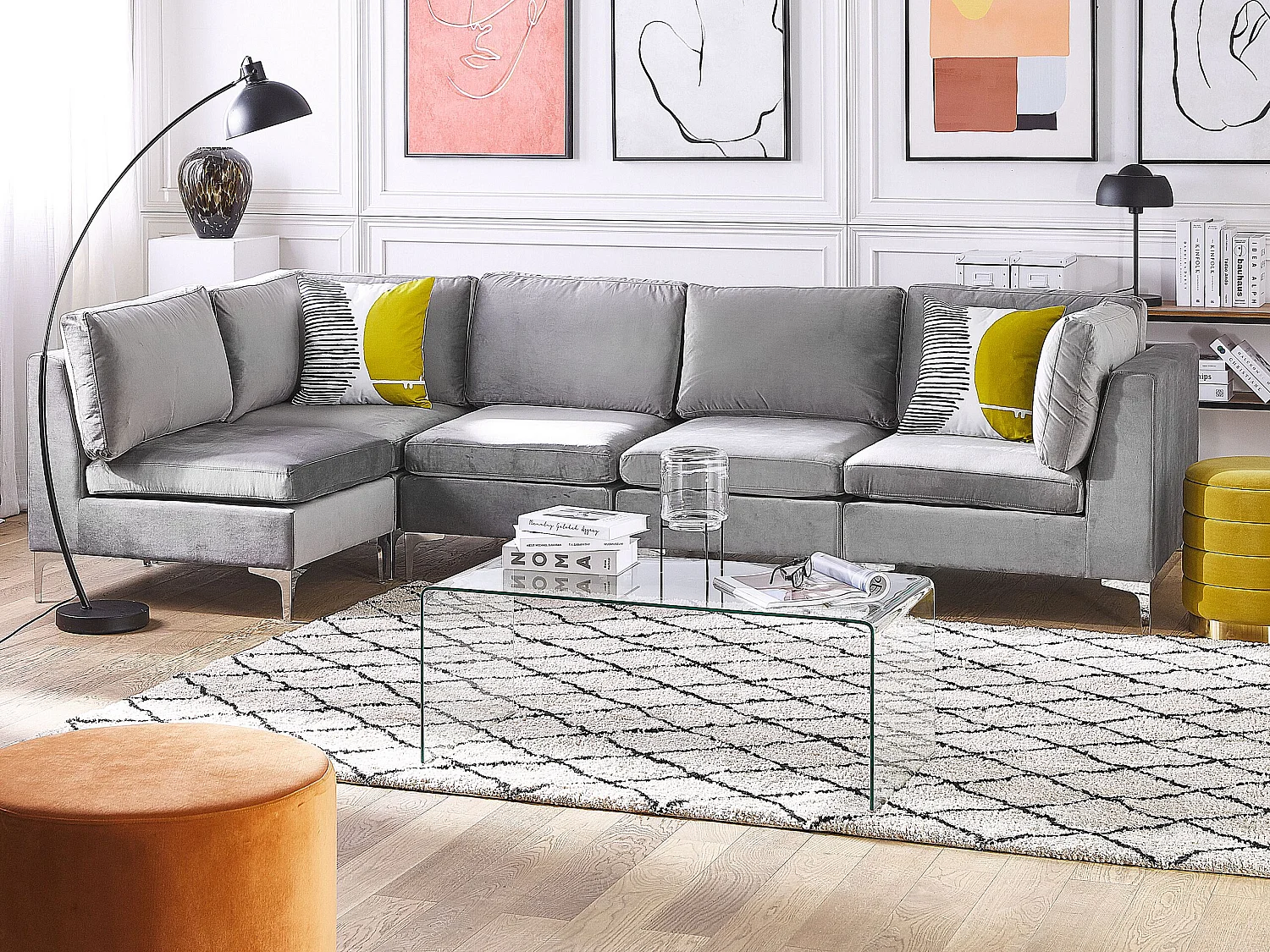 Canapé d'Angle Modulable - Evja - Côté Droit, 5 Modules, en Velours, Gris