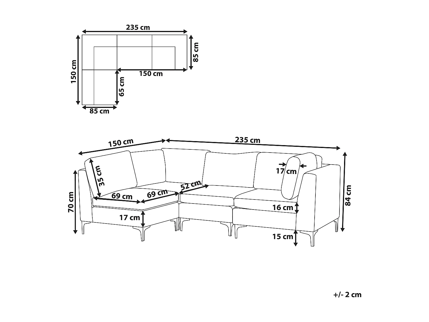 Modulaire hoekbank EVJA Fluweel Grijs 4-zitter Rechterzijde