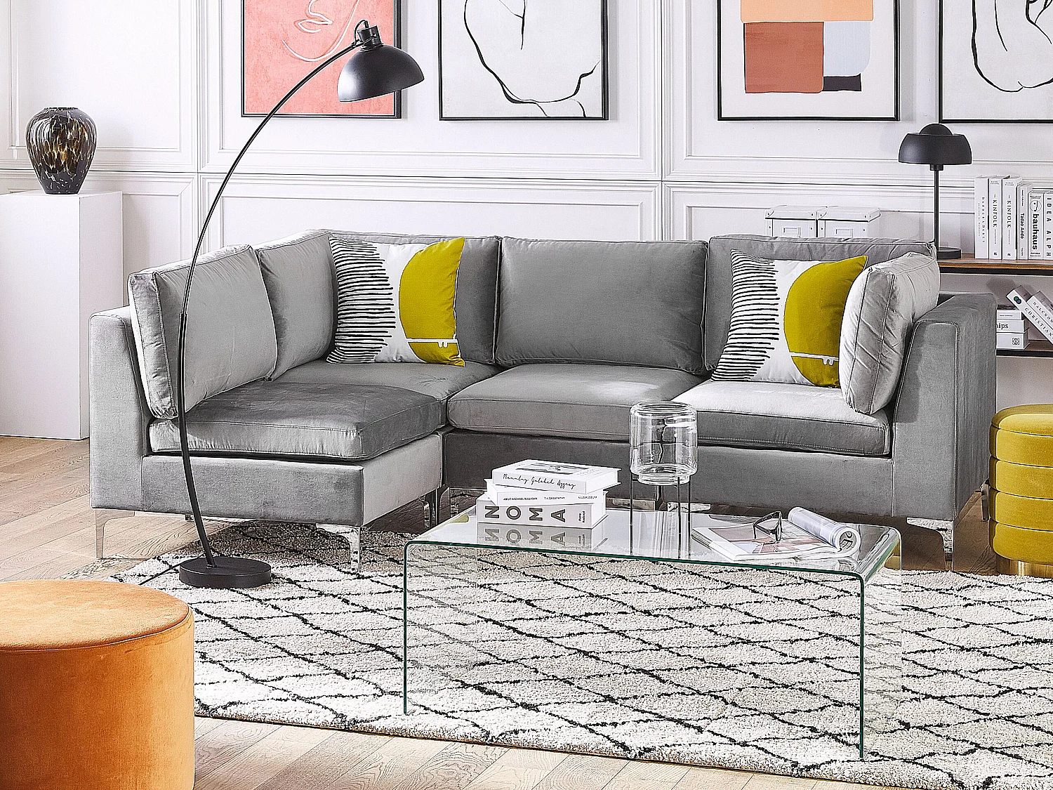 Sofá esquinero modular EVJA Terciopelo Gris 4 plazas Derecha