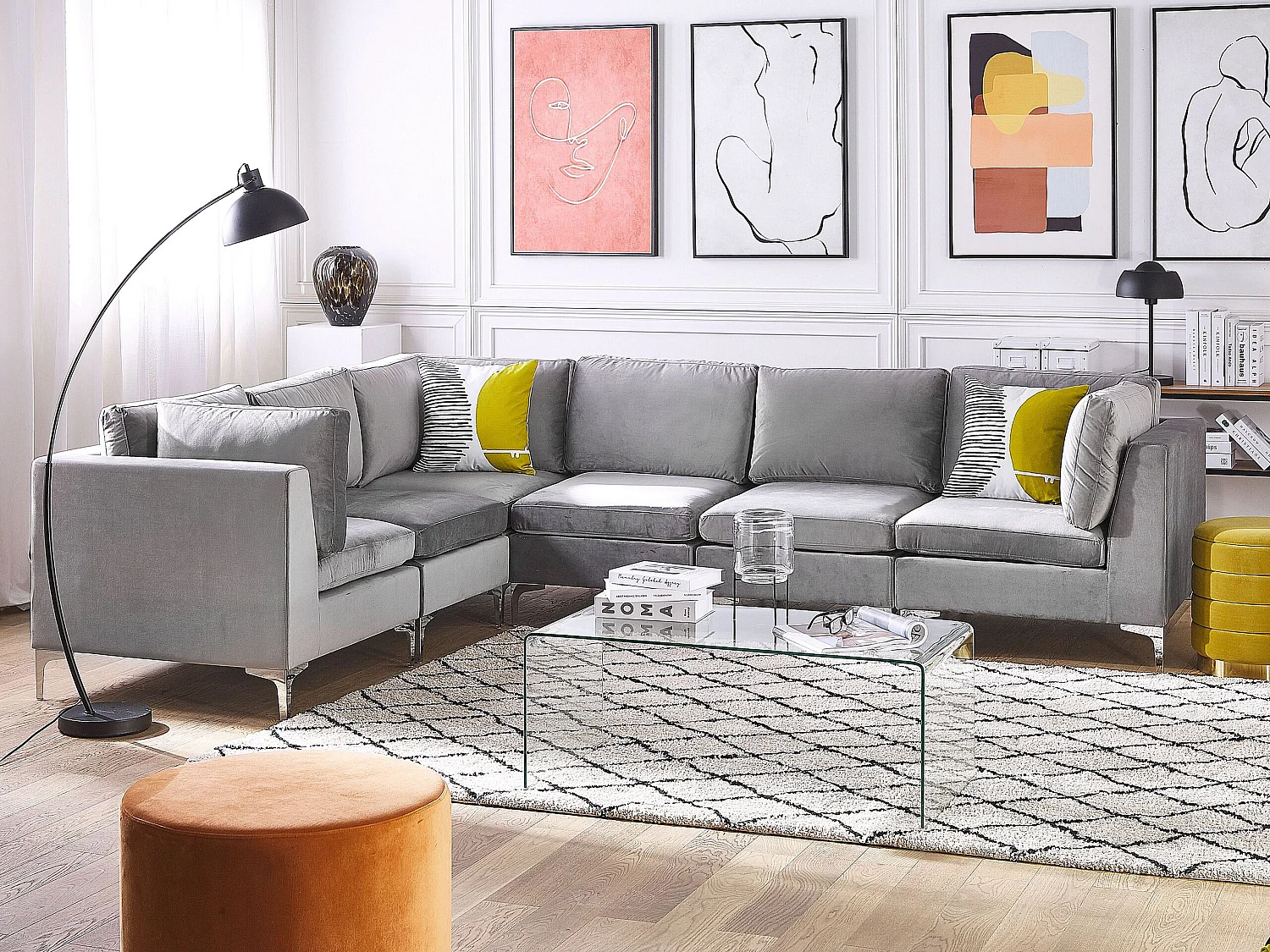 Canapé d'Angle Modulable - Evja - Côté Droit, 6 Modules, en Velours, Gris