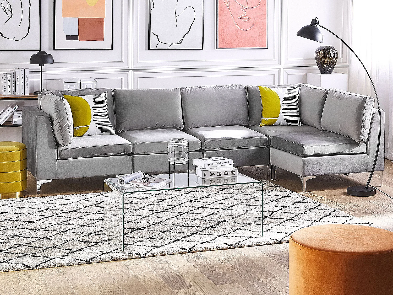 Canapé d'Angle Modulable - Evja - Côté Gauche, 5 Modules, en Velours, Gris