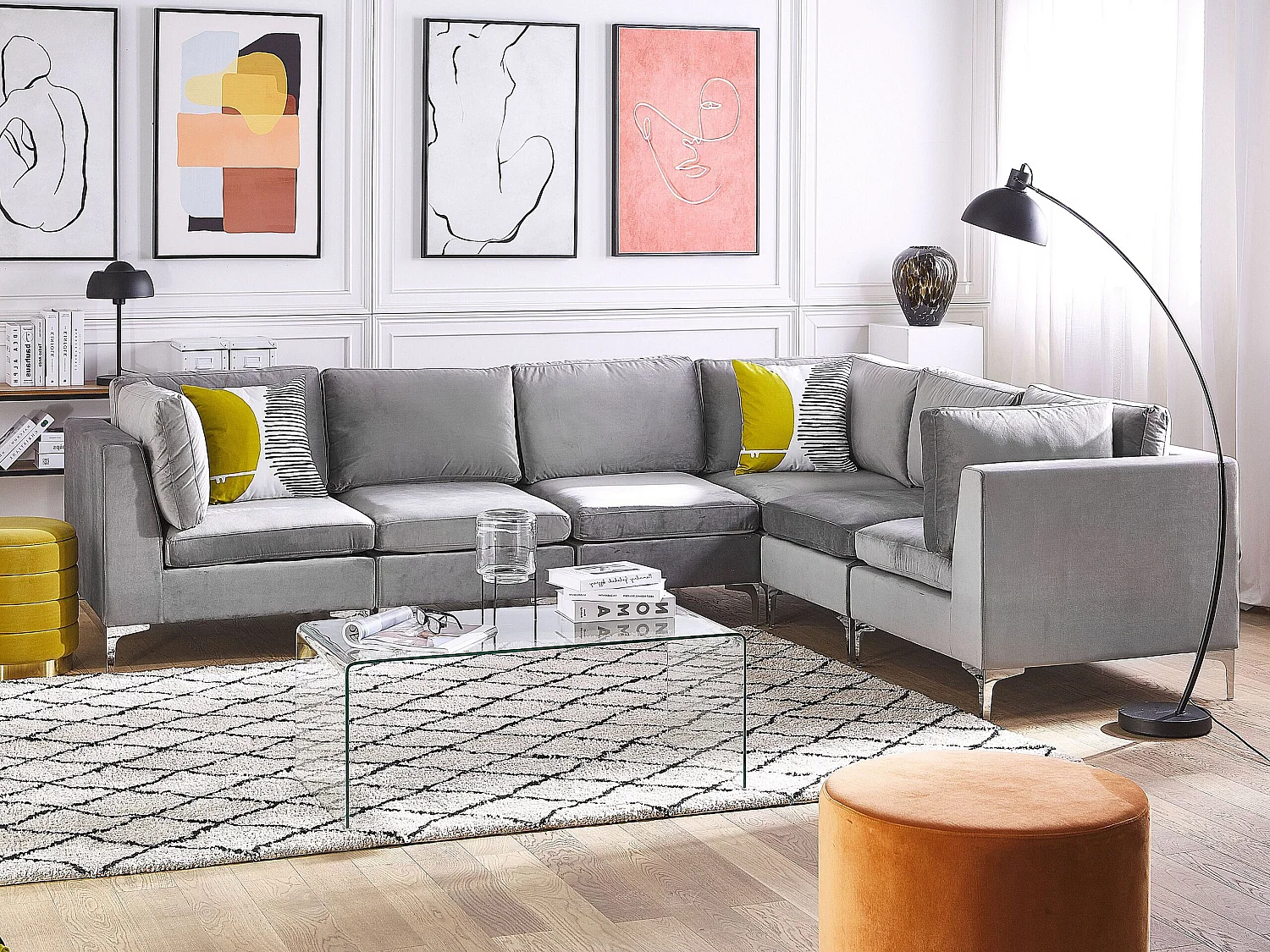 Modulaire hoekbank EVJA Fluweel Grijs 6-zitter Linkerzijde