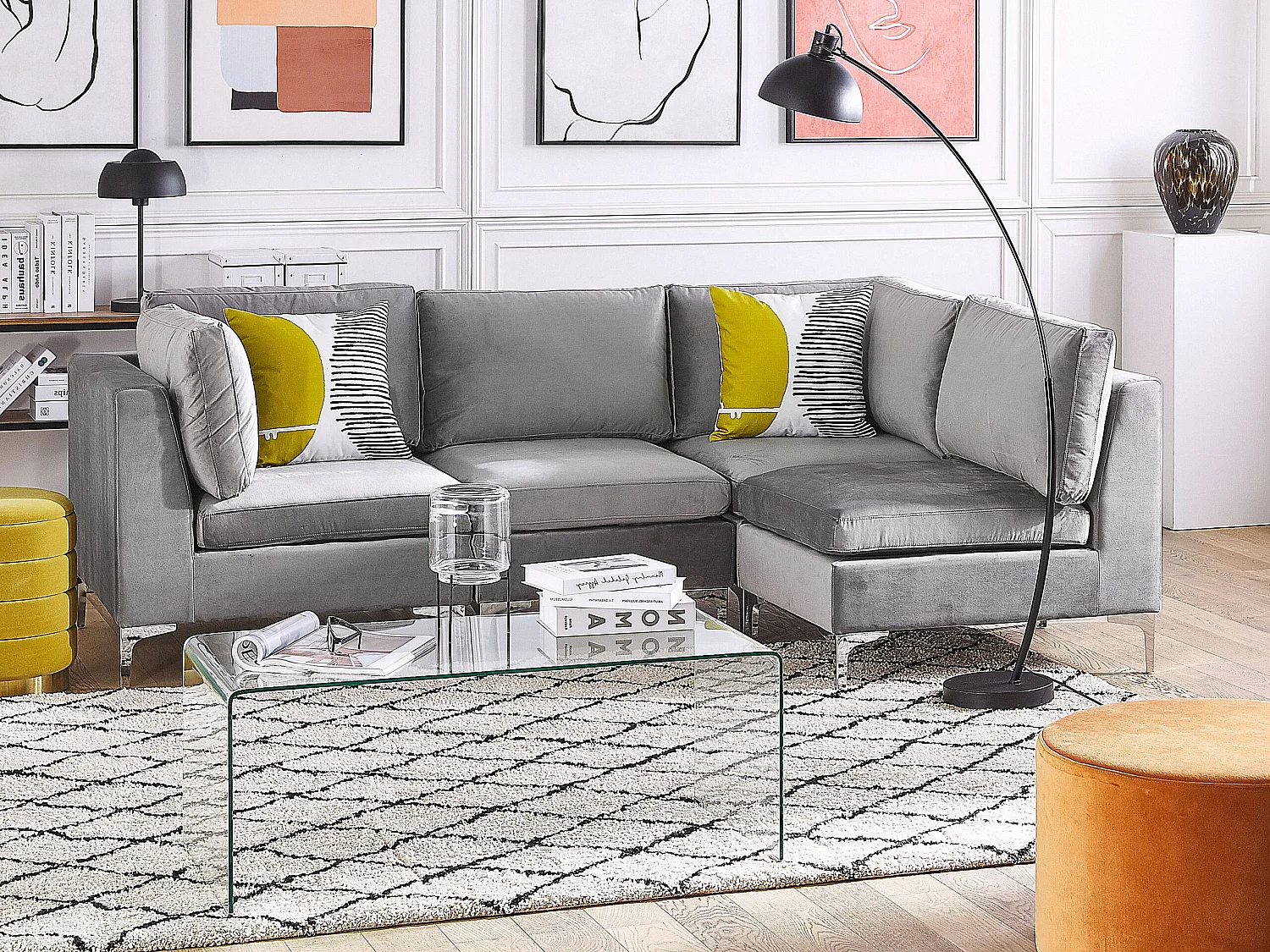 Canapé d'Angle Modulable - Evja - Côté Gauche, 4 Modules, en Velours, Gris