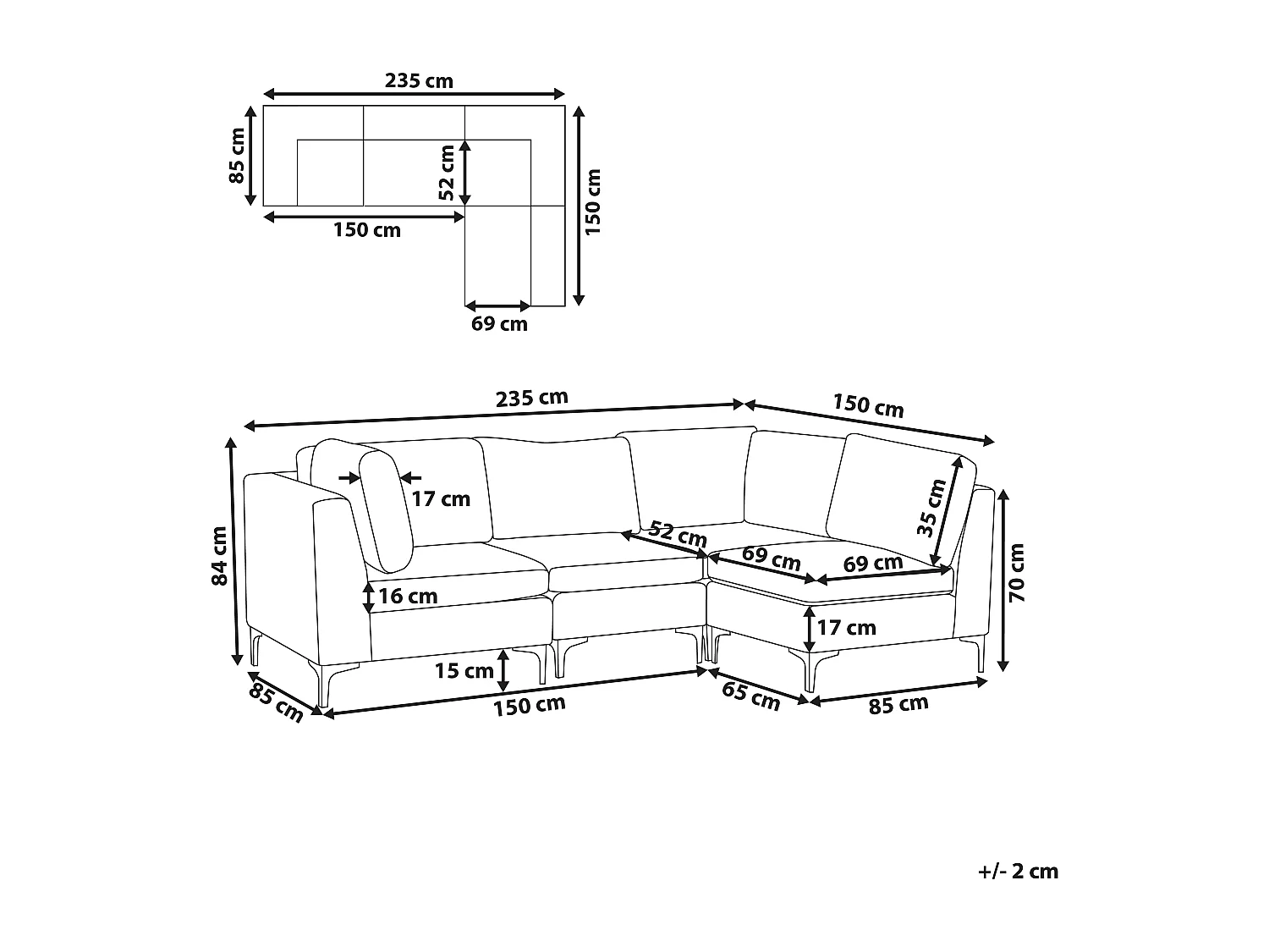 Modulaire hoekbank EVJA Fluweel Grijs 4-zitter Linkerzijde