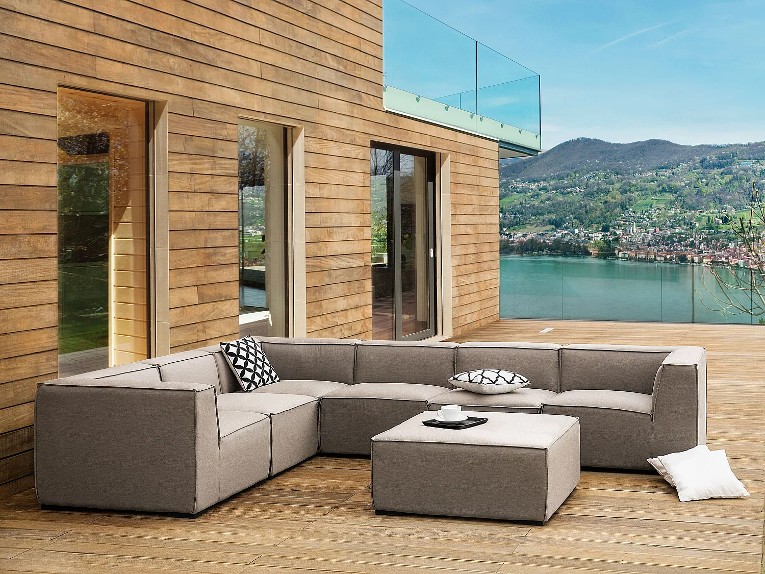 Canapé d'angle de jardin avec ottoman 7 places AREZZO Côté droit Beige
