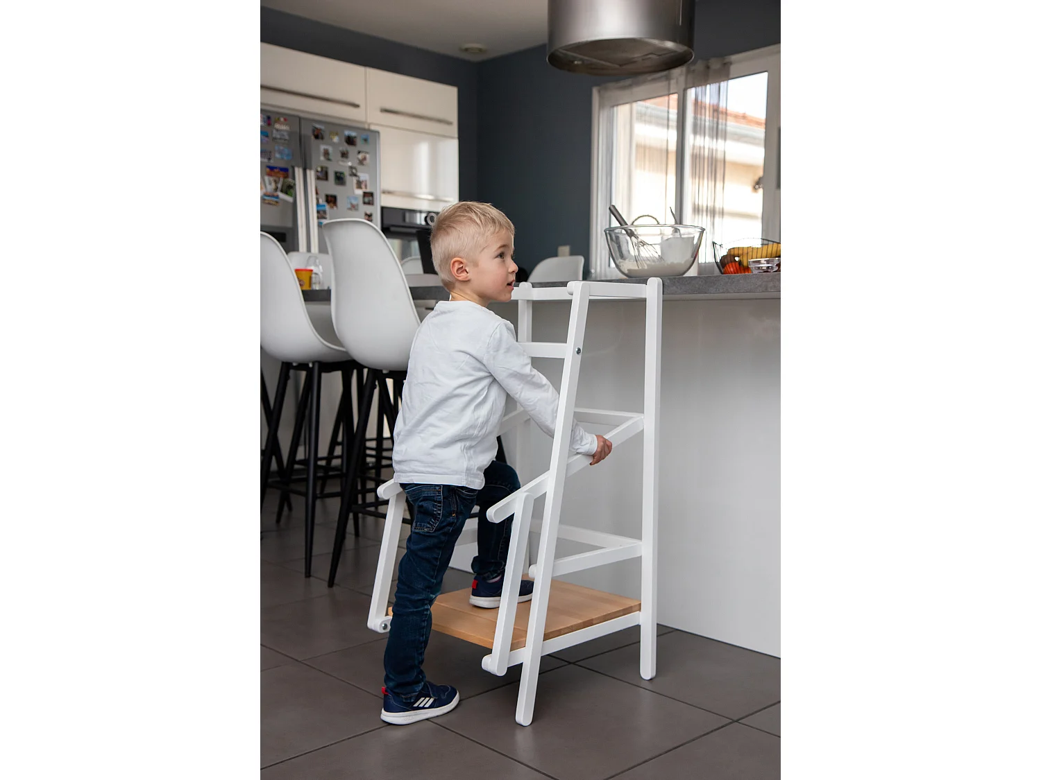 Torre de aprendizaje/observación para niños ESSENTIEL madera - Blanco/Haya Barnizada - 44 x 48,5 x 90 cm