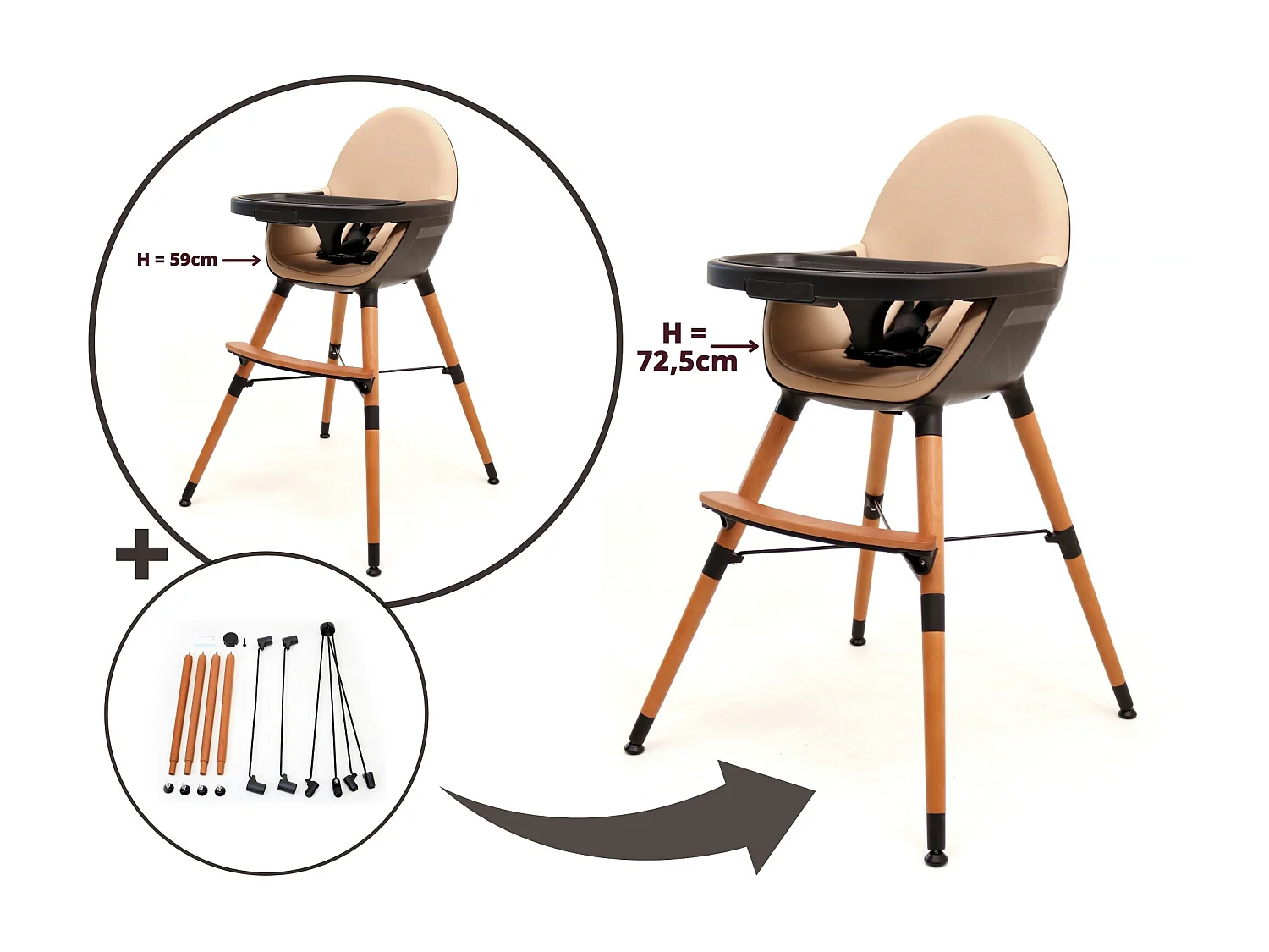 Elevador para trona bebé evolutiva CONFORT - Negro/Camel - 67 x 3 x 3 cm