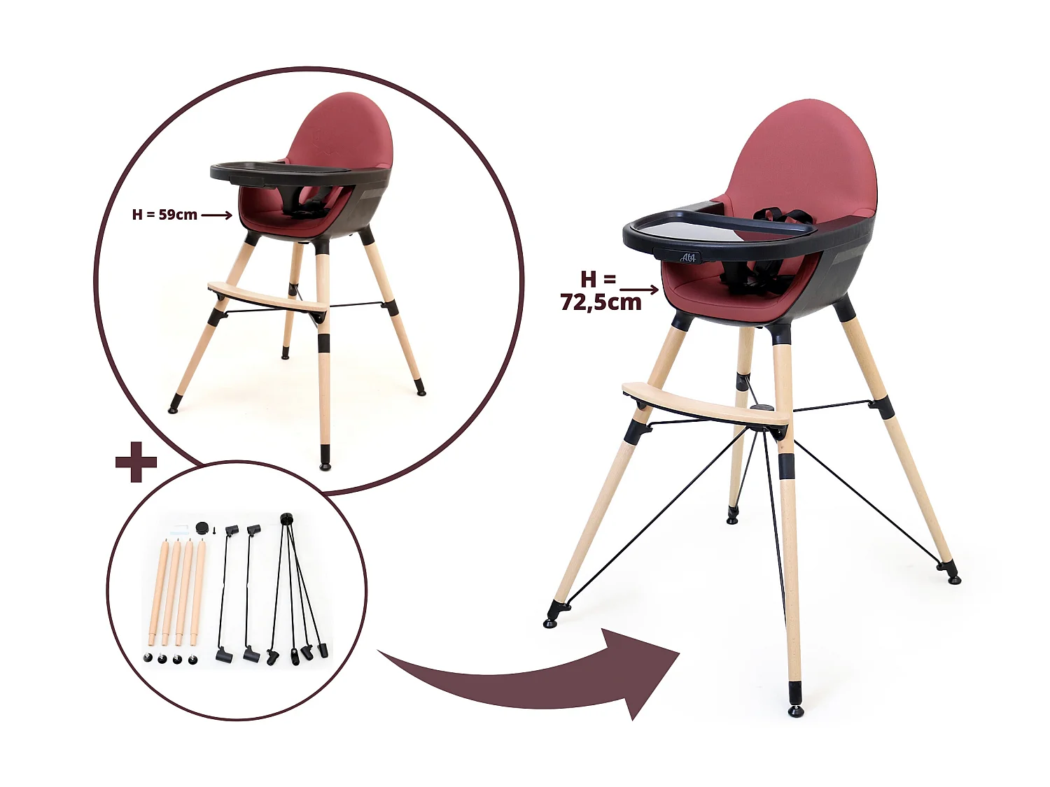 Elevador para trona bebé evolutiva CONFORT - Negro/Burdeos - 67 x 3 x 3 cm