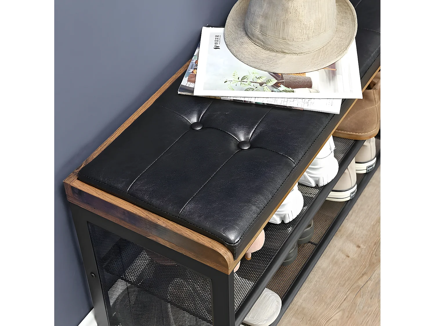 LEBERO - Zapatero recibidor en Estilo industrial - 80x48x30 cm - Banco de entrada