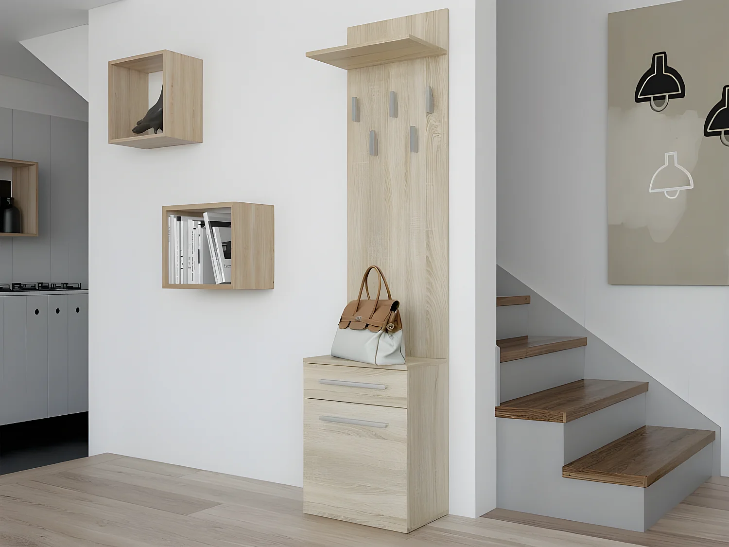 VIONI - Meuble vestiaire d'entrée - Portemanteau mural avec étgère - 5 crochets - Tiroir + meuble de rangement