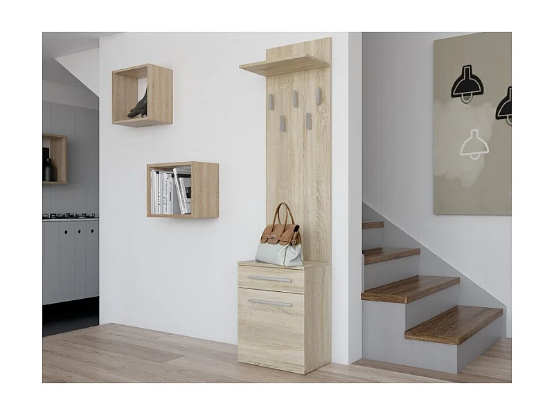 VIONI - Guardarropa de entrada - Perchero de pared con balda - 5 ganchos - Cajón + contenedor
