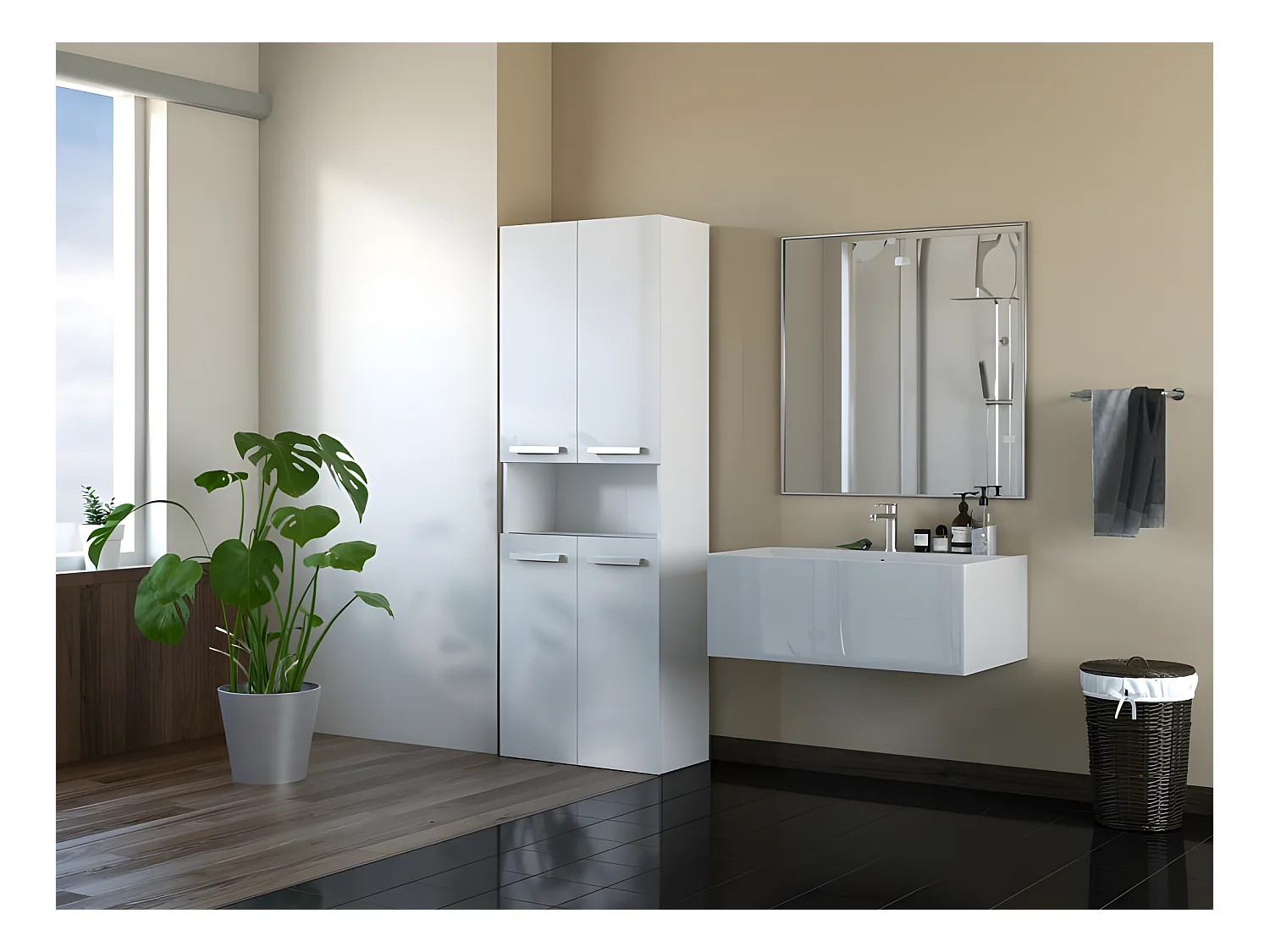GLAZE | Mueble de baño con puerta + cesta | Estilo moderno | Dimensiones: 174x60x30cm | columna de baño