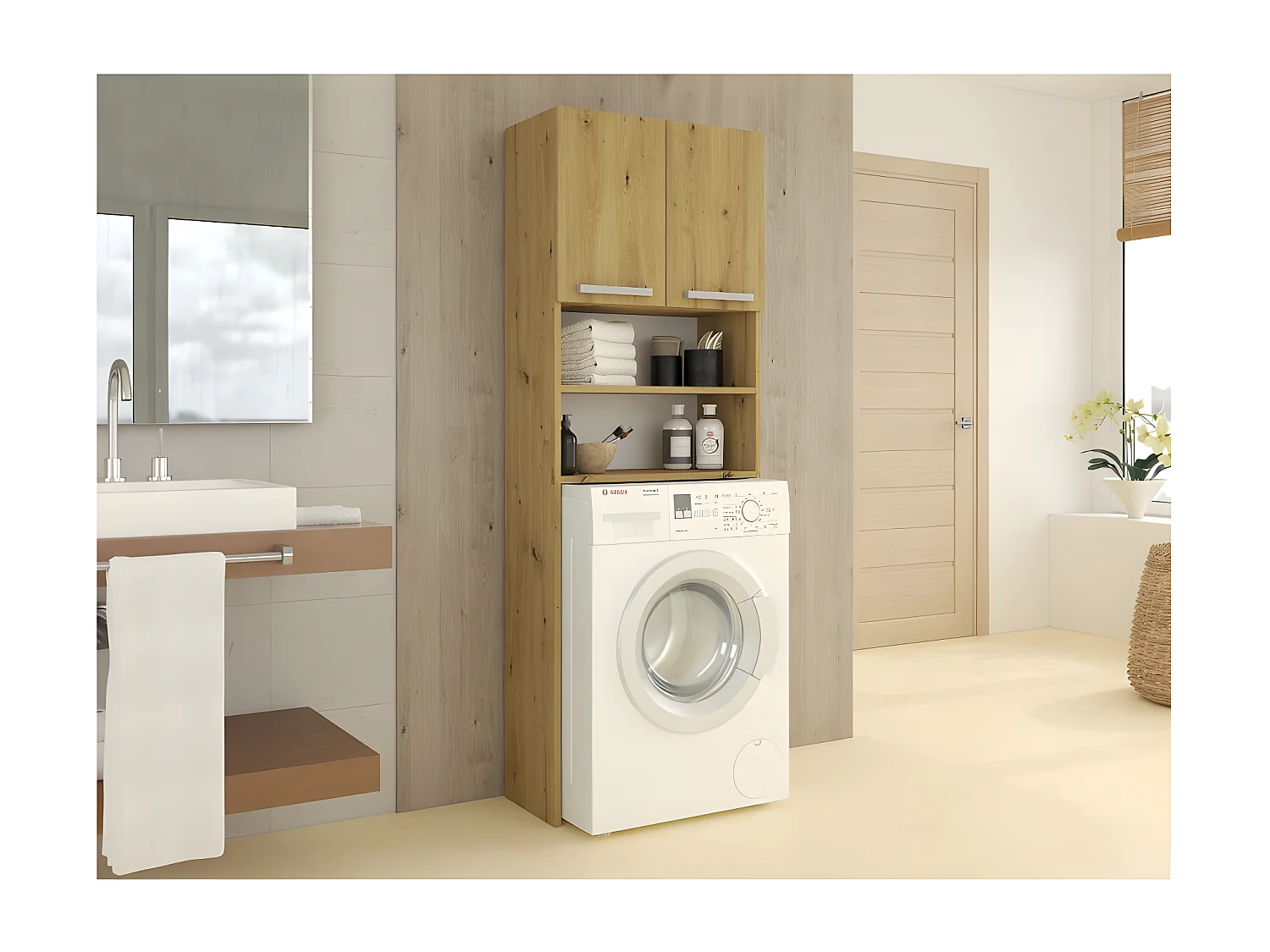 COMO - Mobile per lavatrice - 64x183x30cm - Ripostiglio zona lavanderia per bagno lavatrice - Stile moderno