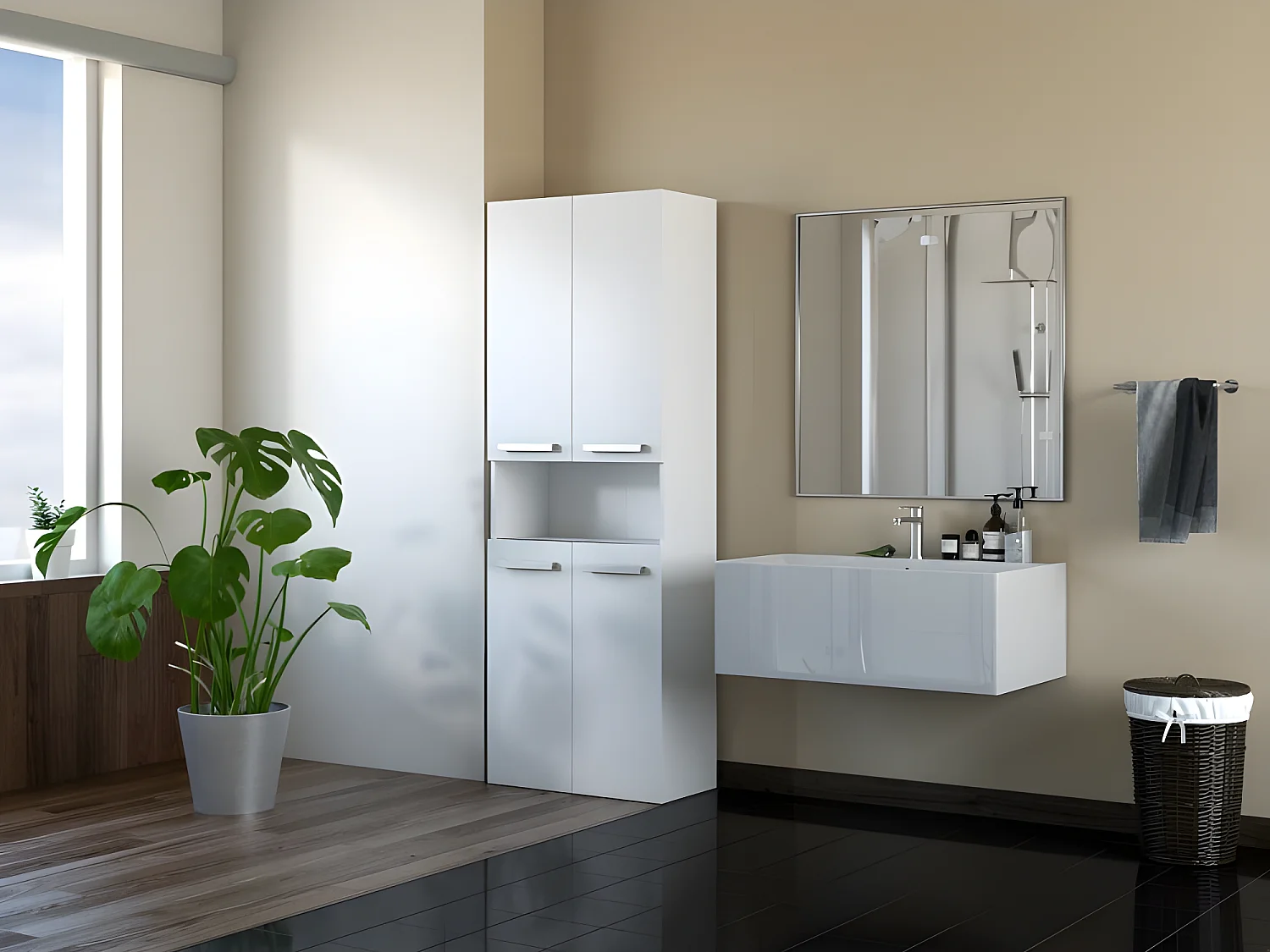 MOBY - Mueble de baño con dos cestas - Tiradores minimalistas - 174x60x30 - Torre de almacenamiento