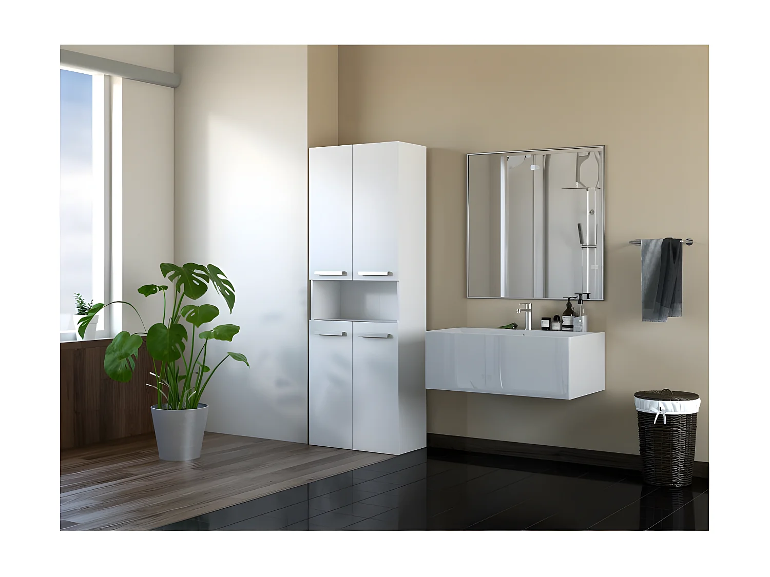 GLAZE | Armoire de salle de bain avec porte +  panier | Style moderne | 174x60x30 cm | Colonne salle de bain