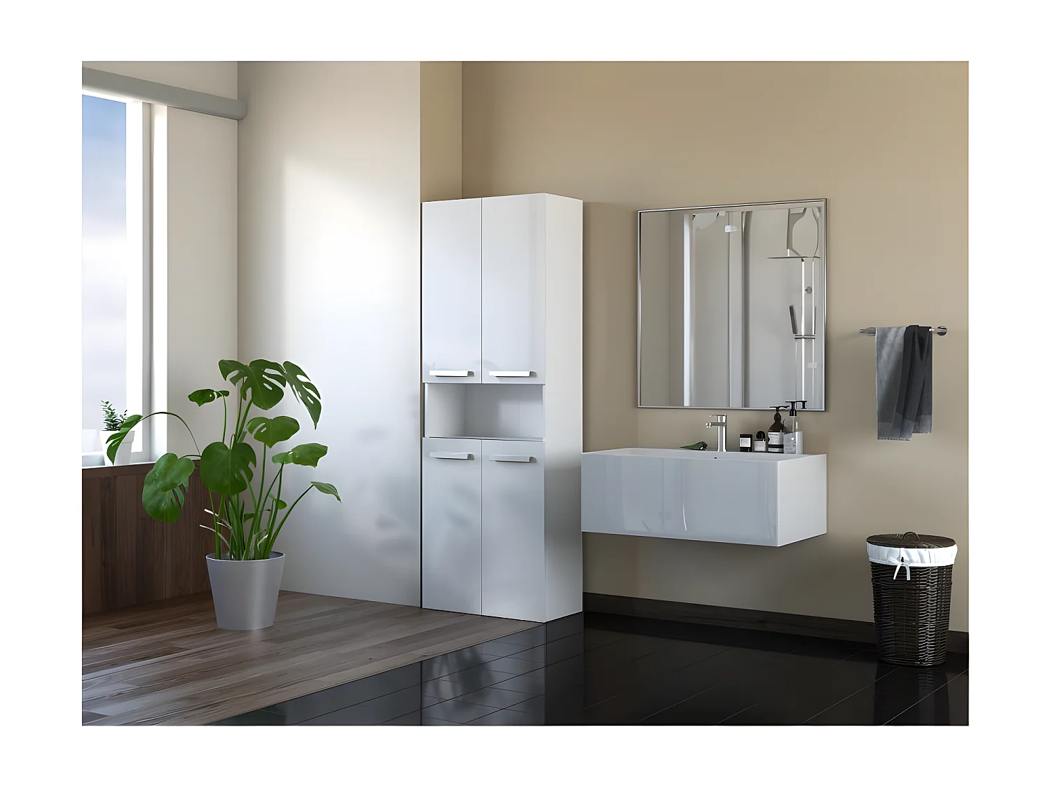 MOBY | Mobile da bagno con due cesti | Maniglie minimaliste | Dimensioni: 174x60x30 | colonna di archiviazione