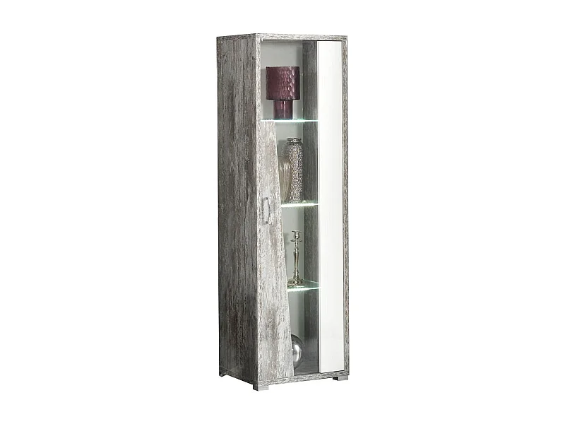 DENYS - Vitrine 1 Porte Droite Laqué Blanc et Effet Bois Taupe