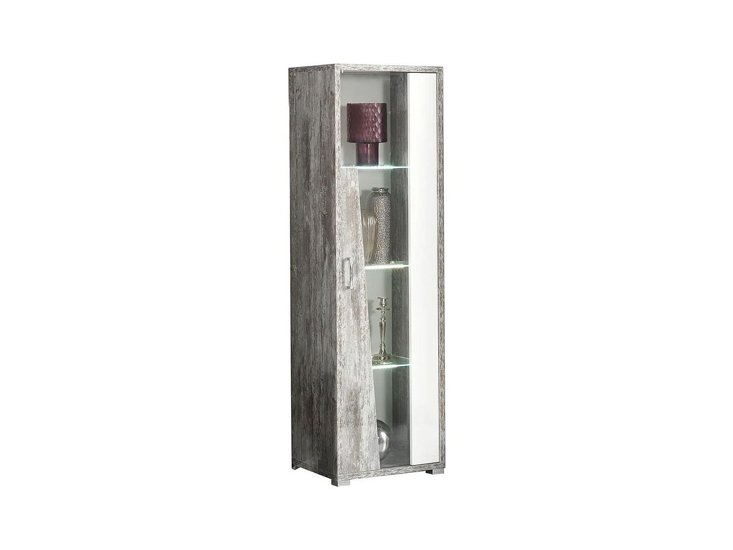 DENYS - Vitrine 1 Porte Droite Laqué Blanc et Effet Bois Taupe