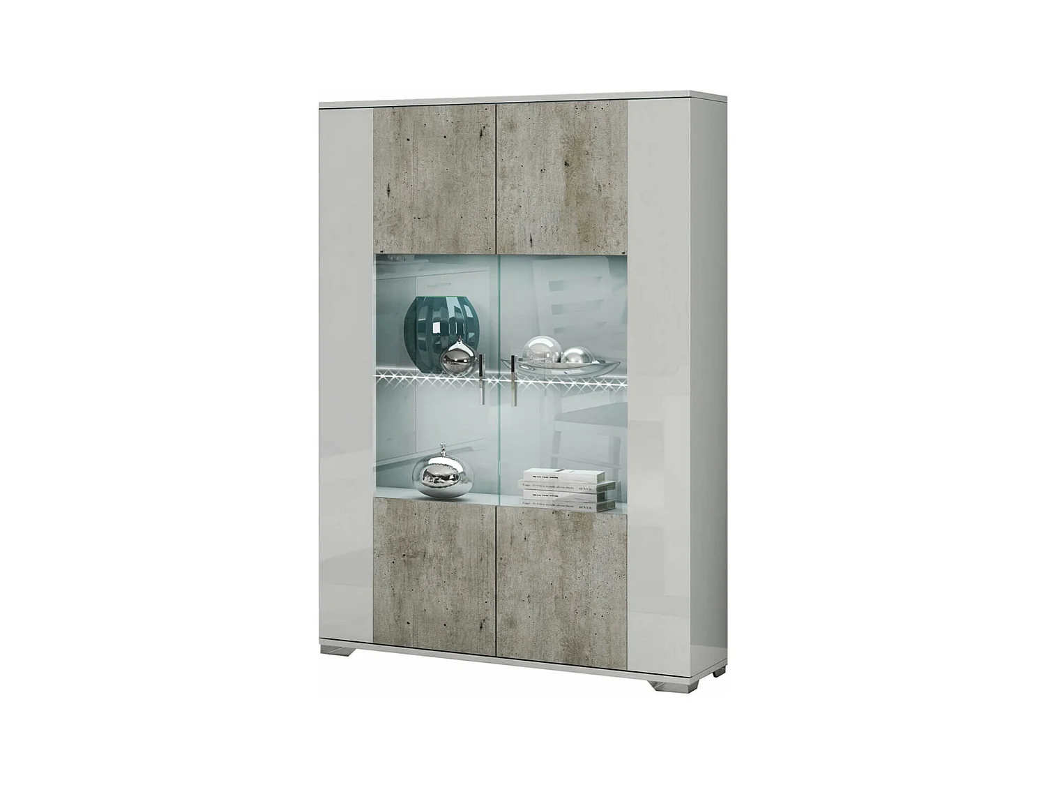 LYNDA - Vitrine 2 Portes Laqué Blanc et Gris Béton