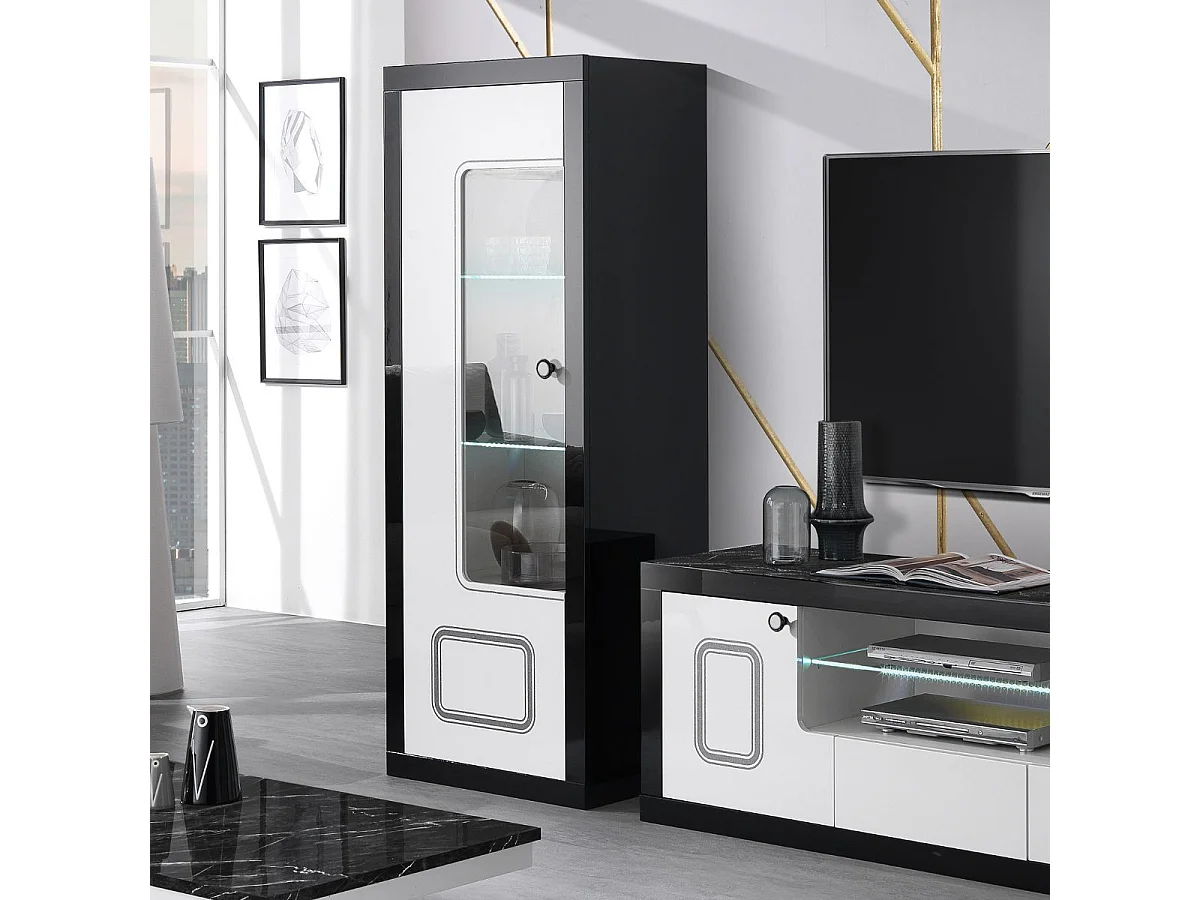 ROBBIE - Vitrine 1 Porte Gauche Laqué Noir et Blanc