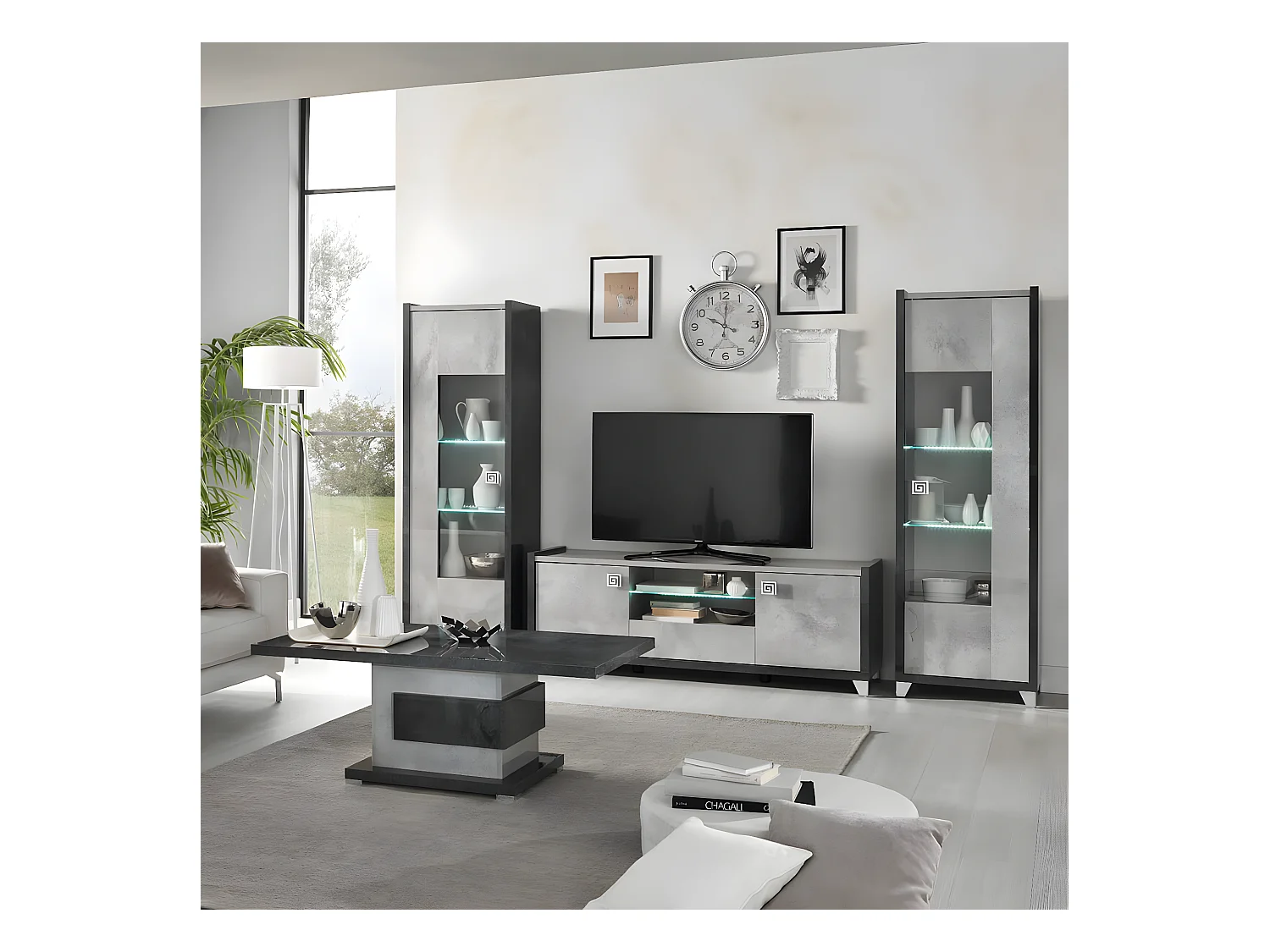 HOFFMAN - Vitrine 1 Porte Réversible Gris Aspect Pierre avec Led
