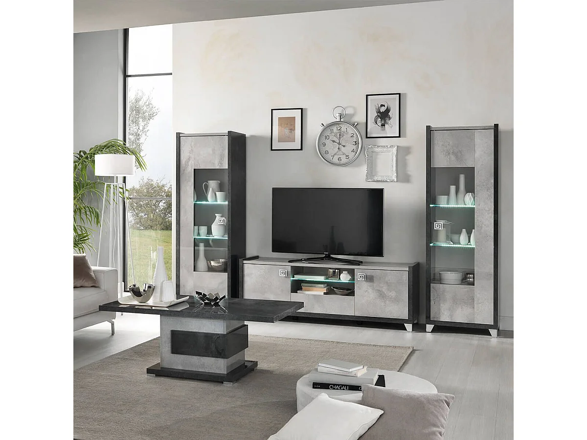 HOFFMAN - Vitrine 1 Porte Réversible Gris Aspect Pierre avec Led