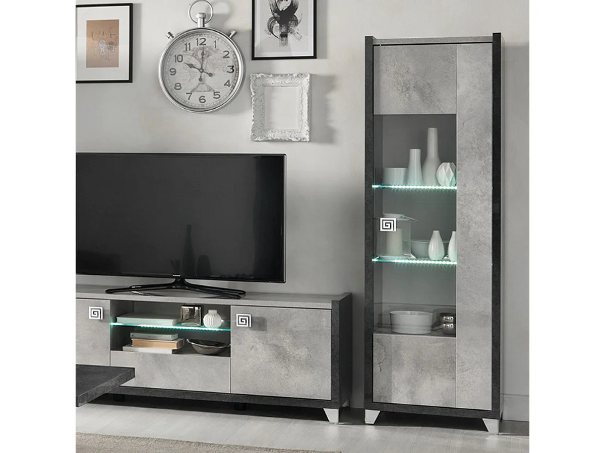 HOFFMAN - Vitrine 1 Porte Réversible Gris Aspect Pierre avec Led