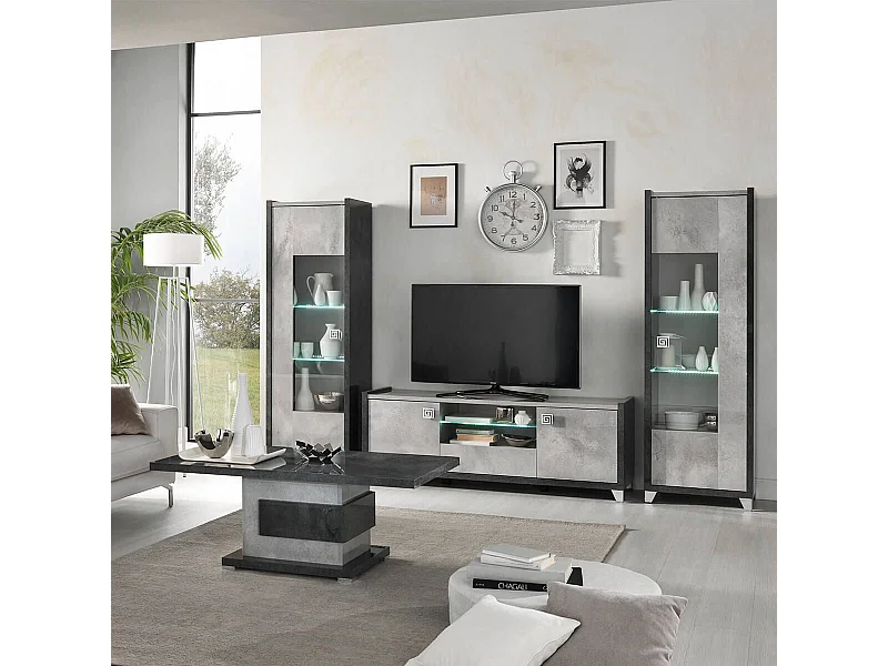 HOFFMAN - Vitrine 1 Porte Réversible Gris Aspect Pierre avec Led