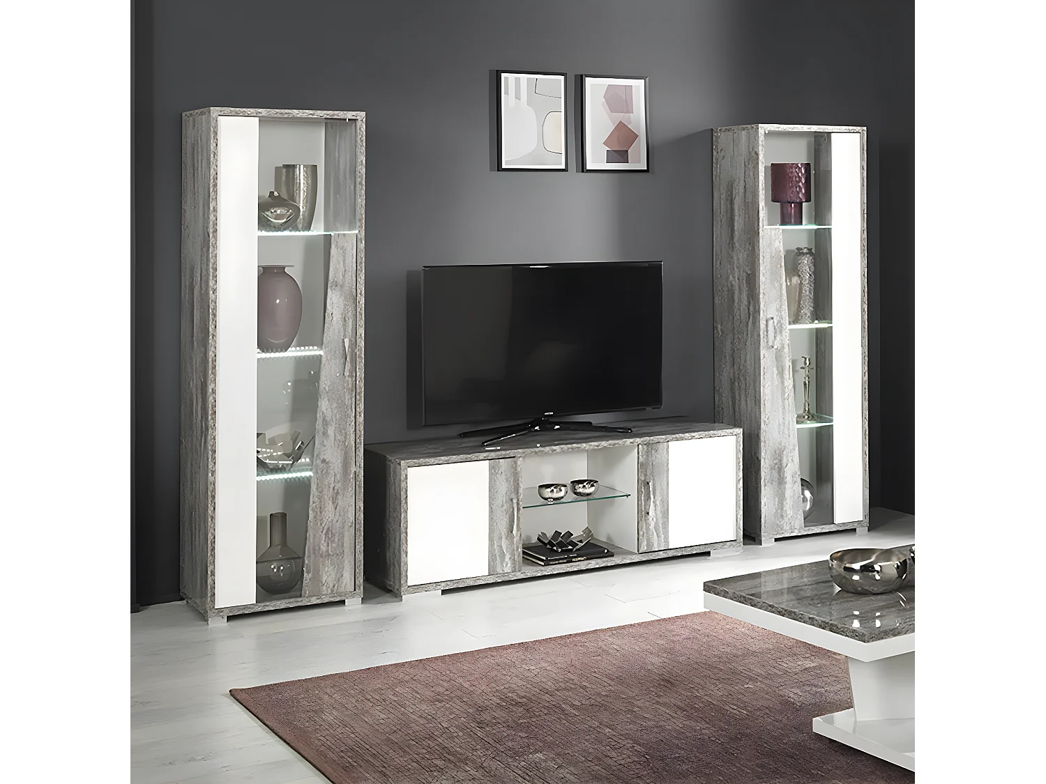 DENYS - Vitrine 1 Porte Gauche Laqué Blanc et Effet Bois Taupe